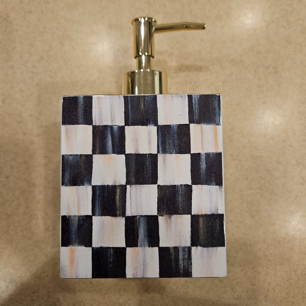 RARE MACKENZIE CHILDS COURTLY CHECK BATH KITCHEN SOAP LOTION DISPENSER PUMP JAR - Picture 8 of 8